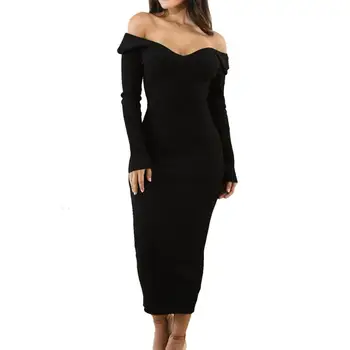 

Women Off Shoulder Long Sweater Dress Winter Elegant Long Sleeve Backless Bodycon Maxi Dress Ladies Solid Slim Fit Dresses
