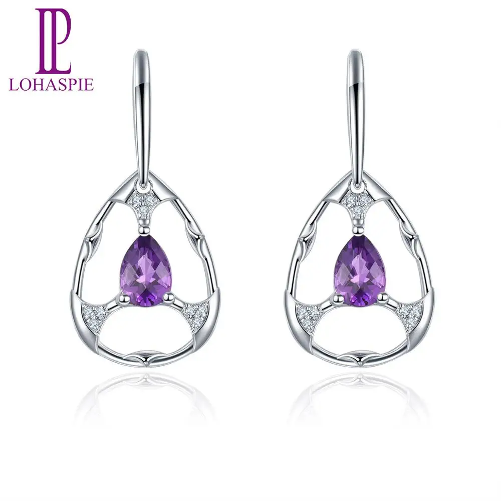 

LP Real Diamond Jewelry Solid 14K 585 White Gold Earrings for Women Natural Amethyst Gemstone with Jewellry Box