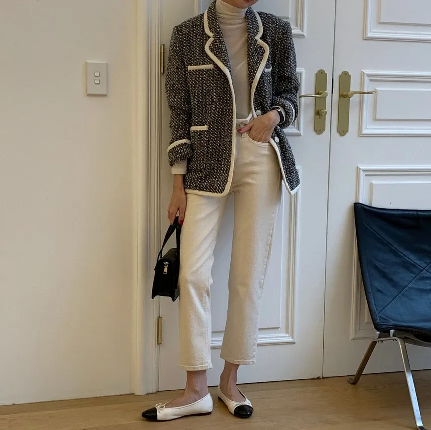 HziriP New Women Jacket Outerwear Winter Clothing Fashion Warm Wool Blends Female Elegant Tweed Faux Woolen Coat Female