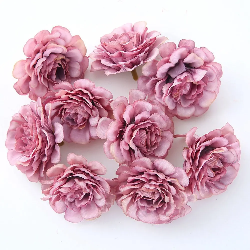 10PCS 5CM Artificial Flower Silk Spring Rose Head For Wedding Party Home Decoration DIY Wreath Gift Box Scrapbook Craft - Цвет: Bean sand purple