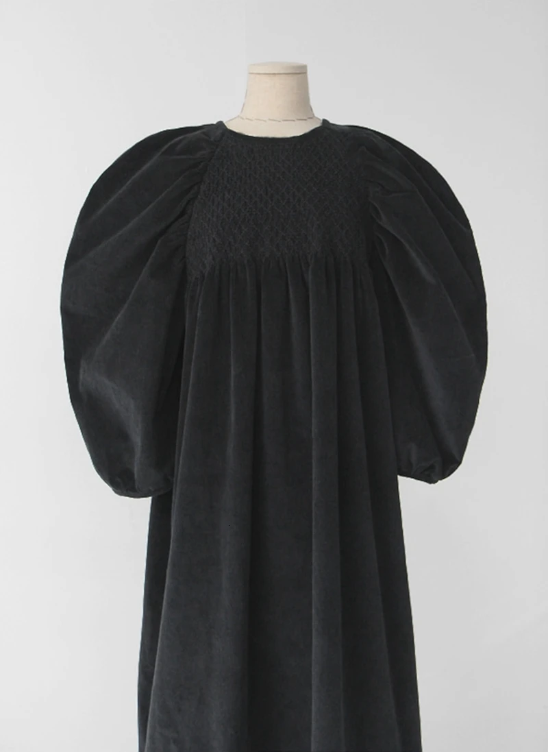 SHENGPALAE Новое весеннее модное однотонное платье с пышными рукавами и круглым воротником, женское свободное винтажное плиссированное платье FV225