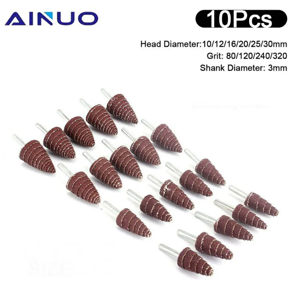 10 Stück konischer Kegelschleifkopf Schleifpapier Fächerschleifen Polieren Schleifen für Bohrer Dremel Zubehör 6 mm Schaft 10–30 mm – Detail 1