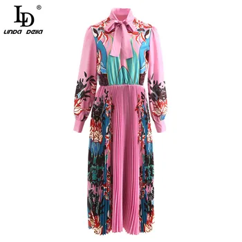 

LD LINDA DELLA Summer Fashion Runway Dress Women Pink Bow Elastic Waist Long Sleve Ladies Vintage Pleated Midi Dresses Vestoidos