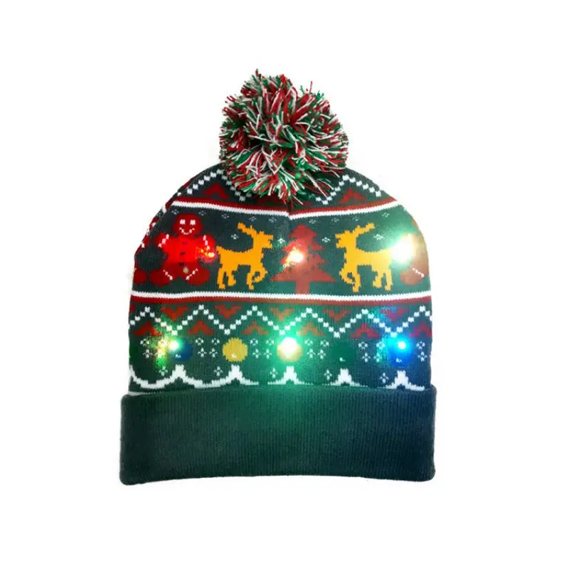 LED Christmas HAPPY NEW YEAR Knitted Hats Light-up Xmas Knit Beanie Adults Cap