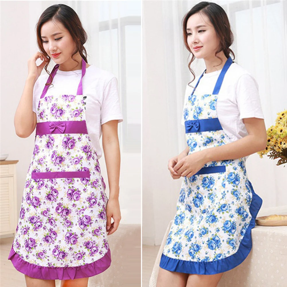 Women Bib Floral Print Bowknot Kitchen Restaurant Cooking Pocket Dress Apron Polyester Peach Skin Floral Print Bowknot Pocket