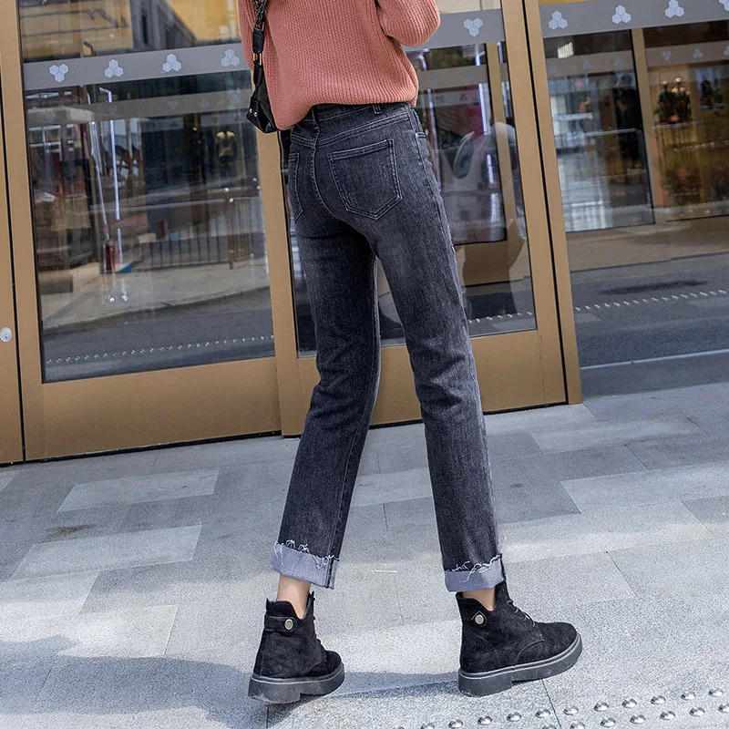 Nonis женские осенние рваные джинсы длиной до щиколотки студенческие прямые Универсальные джинсовые брюки черные Джинсы бойфренда уличная