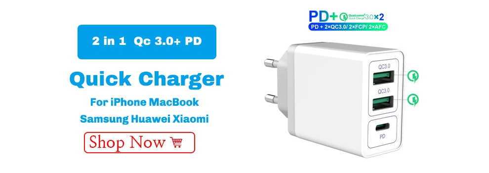 30W Charger 18W PD Charge Port For MacBook Air Pro 5V 2.4A Qc 3.0 Quick Charger For Samsung Huawei Xiaomi Android Phone Charger
