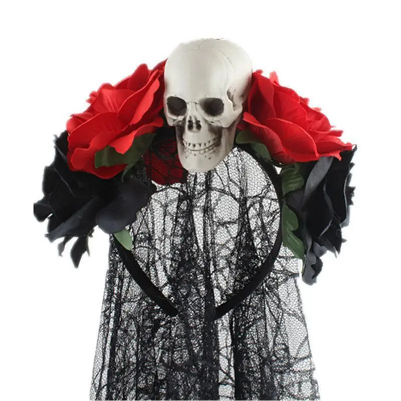 

Women Halloween Artificial Rose Flower Skull Face Headband with Black Lace Veil Mexican Day of The Dead Crown Cosplay Hair Hoop