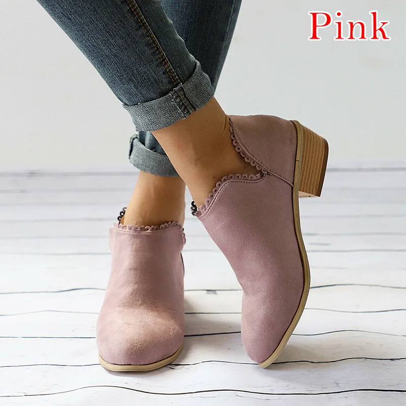 Pink LOOZYKIT/женские ботинки; женская обувь на квадратном каблуке без застежки; модная женская обувь на низком каблуке; повседневная женская обувь с острым носком и отделкой на каблуке - Цвет: Pink