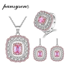 PANSYSEN Роскошный розовый кварц Свадебный обручальный набор украшений для женщин 925 пробы Серебряное ожерелье/серьги/кольцо хорошее ювелирное изделие