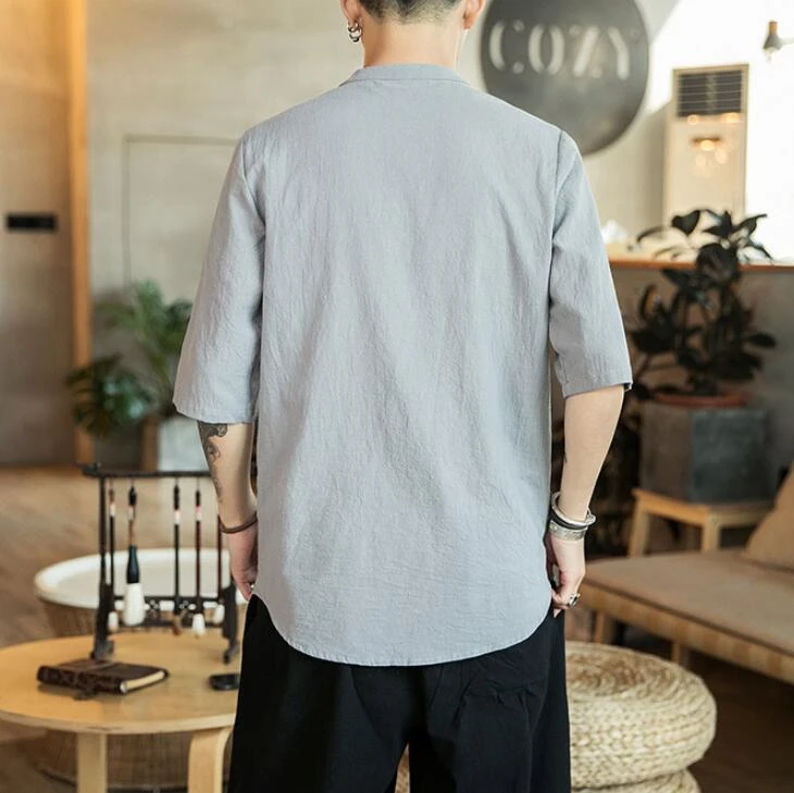 0536 Summer Cotton Linen Shirt For Men Patchwork Stand Collar Casual Vintage Short Sleeve Shirt Loose High Quality Fashion 5XL