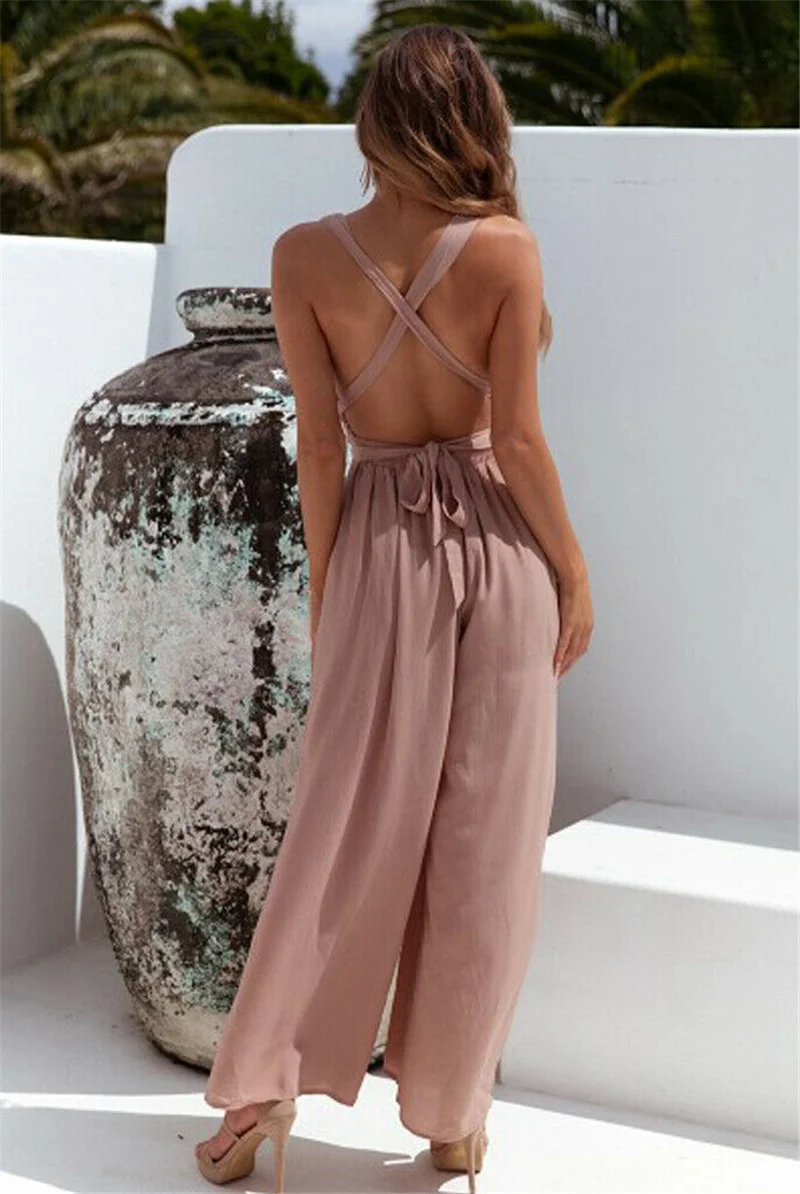 Women Sleeveless Backless Loose Jumpsuit Romper Playsuit Sexy Party Clubwear Deep V neck Slipt Leotard