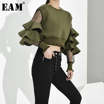 

[EAM] Loose Fit Mesh Green Sweatshirt New Round Neck Long Butterfly Sleeve Women Big Size Fashion Tide Spring Autumn 2020 JC5090