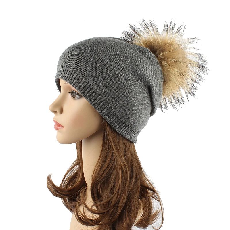 

High Quality 30% Wool Winter Women's Hat Solid Natural Fox Fur Cap Fashion Fur Pompom Warm Beanie For Girls Skull Mask Balaclava