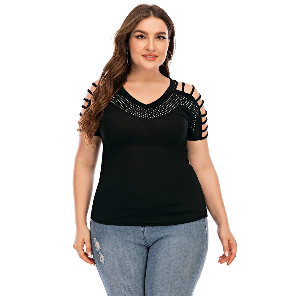 

6XL Bling Bling Hot Drilling T-Shirts Women Plus Size Summer Short Sleeve Tee Shirts Femme Elegant Hollow Out Tops Slim Tee Q30