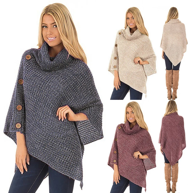 

Fashion Loose Button Pullovers Plus Size Women Autumn Knitted Irregular Sweater Poncho Turtleneck Capes Sweaters Cloaks D30