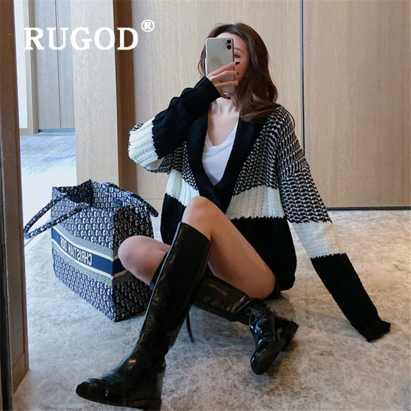 RUGOD вязаный кардиган с цветными блоками, свитер большого размера, женские свитера, Зимние Топы для женщин, вязанная модная одежда Kpop