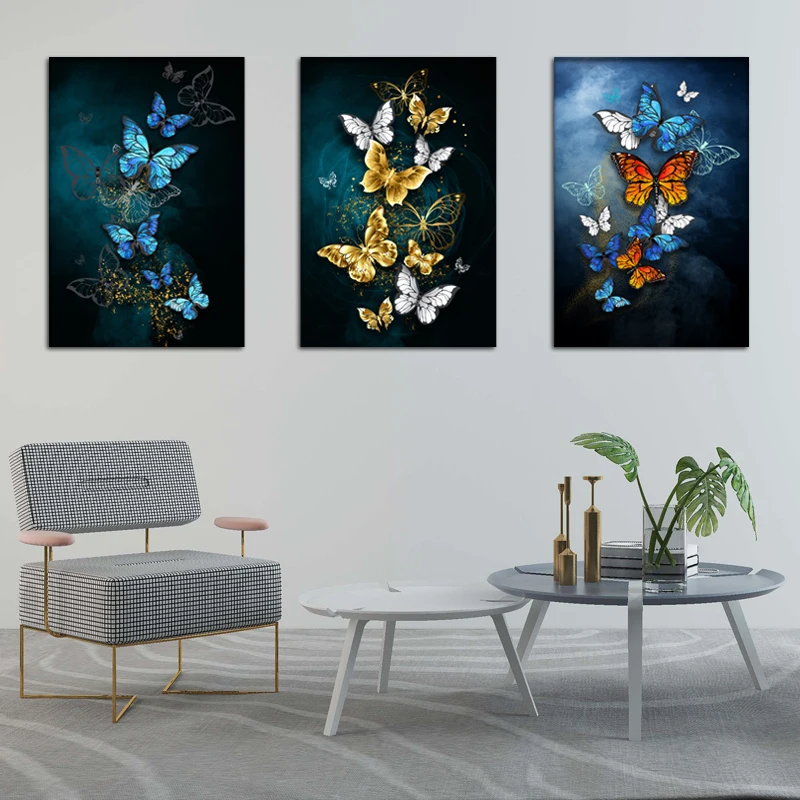 

3 Piece Canvas Art Butterfly Gold Foil Printing Pictures for Wall Modern Gold Dancing Butterfly Canvas Pictures for Living Room