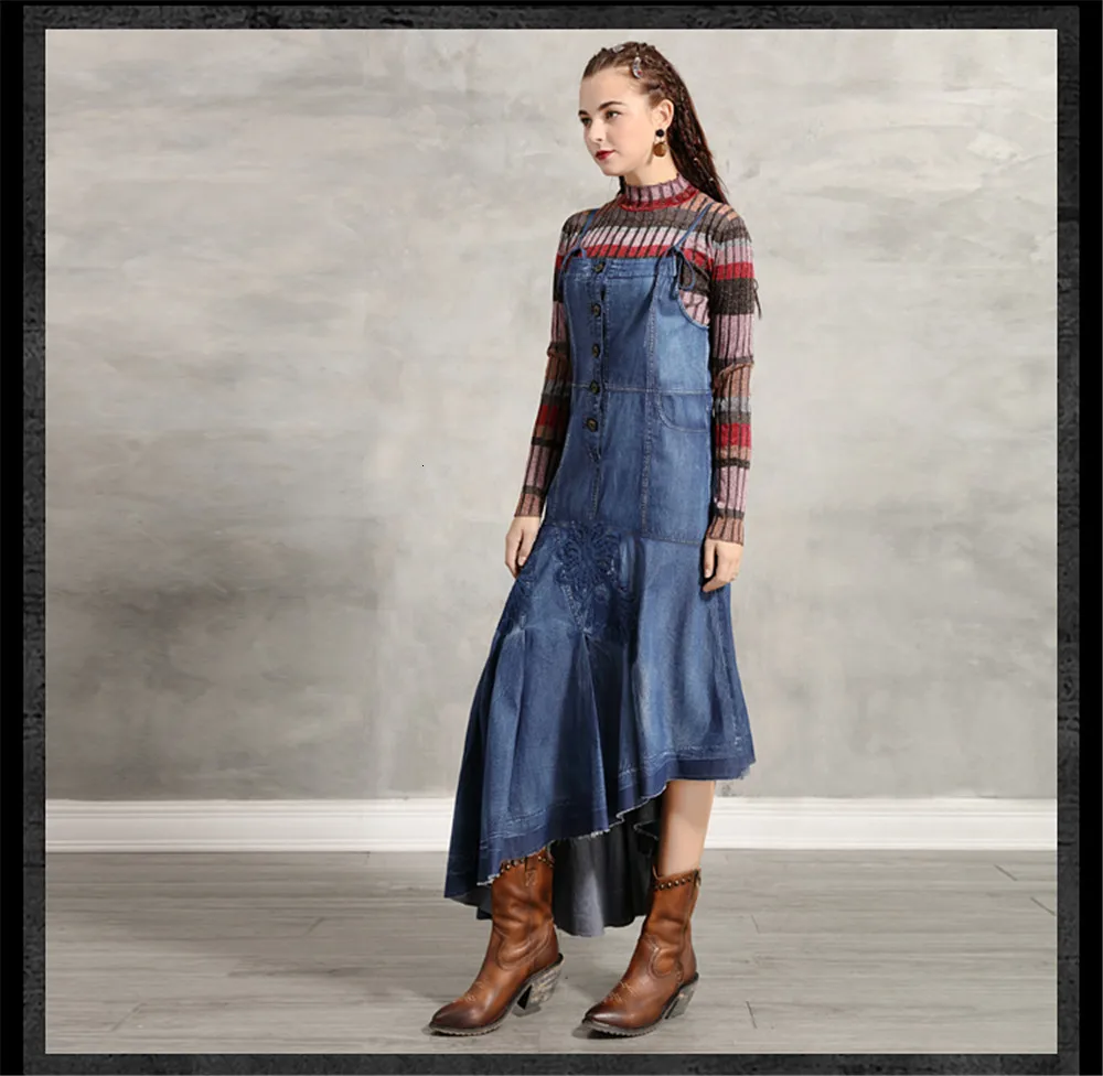 Vintage Denim Women's Dress 2019 Embroidery Braces Dresses Asymmetrical Long Women Strap Dress Vestidos A82193 Draped Dress (11)