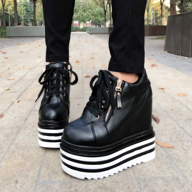 Botines de cuña para mujer, zapatos de suela de goma, con cordones, tacón  de 14cm, color blanco y negro, Otoño, 2020|Botas hasta el tobillo| -  AliExpress