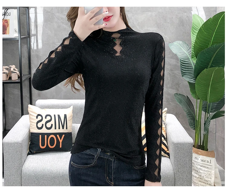 Blusas mujer de moda, размера плюс, женские топы, одноцветные, водолазка, с вырезом, черный, с длинным рукавом, топ, рубашки для женщин, 7849 50
