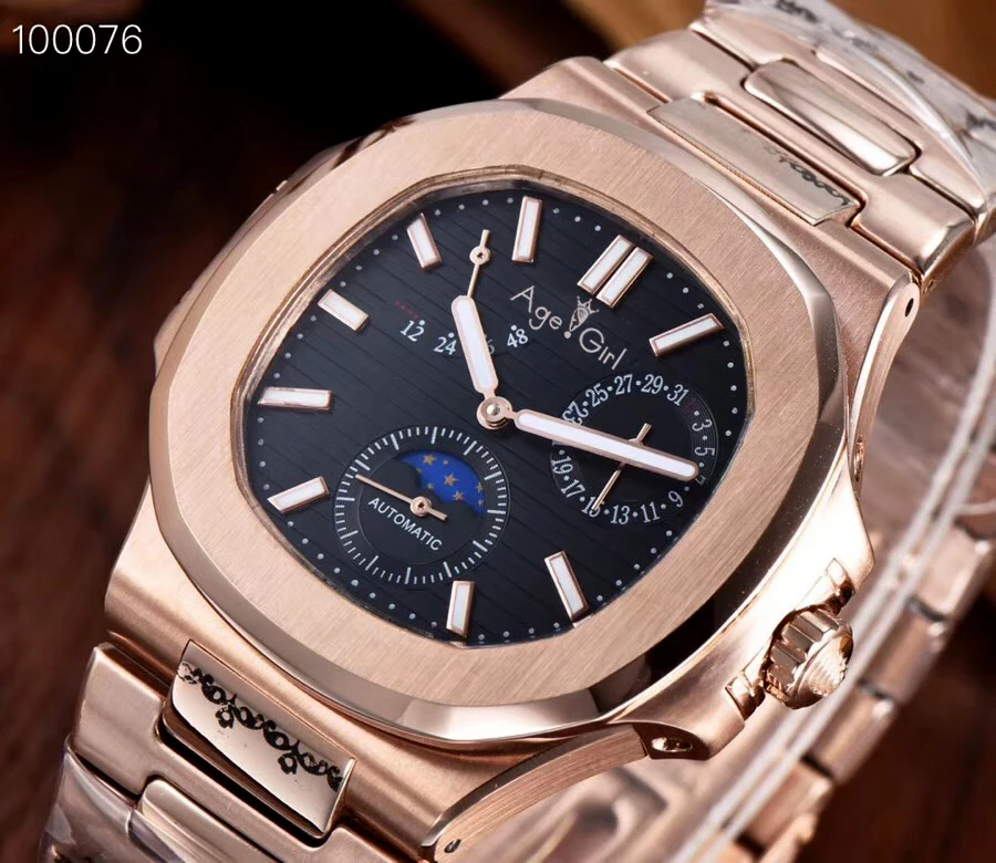 

Luxury Brand New Automatic Mechanical Men Watch Sapphire Rose Gold Transparent Glass MoonPhase Watches Black Blue Daydate Blue