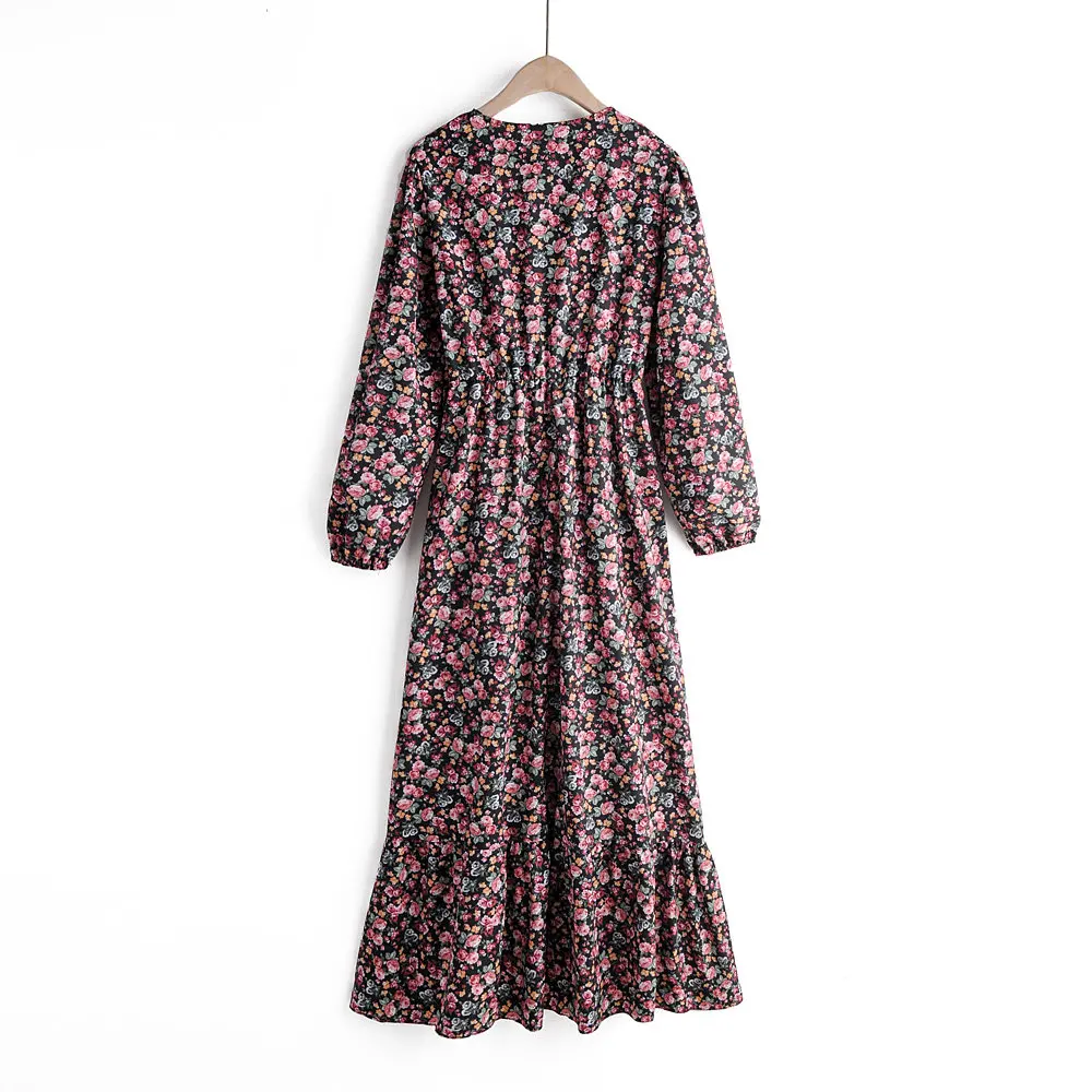 Новое Женское шикарное платье с v-образным вырезом и цветочным принтом, повседневное тонкое длинное платье с оборками, асимметричные вечерние платья-Макси DS2804