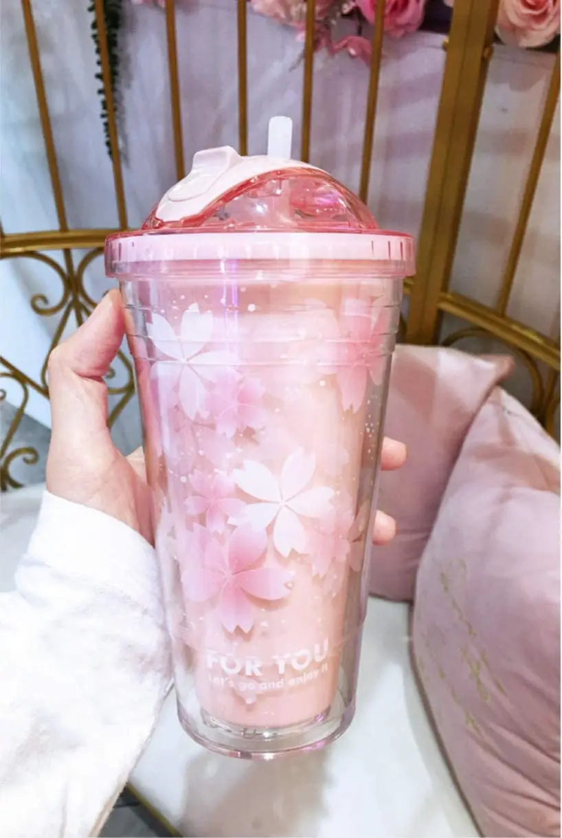 Kawaii Sakura Water Bottle Insulated Double Wall Reusable Leakproof Plastic  Travel Tumbler Cup With Lids & Straws,BPA Free 480ML