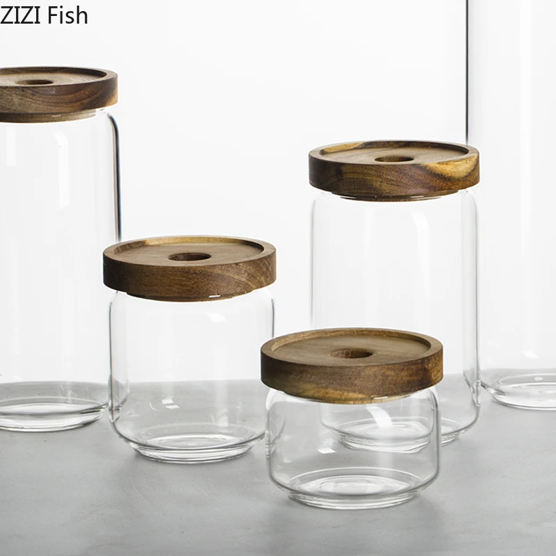 Daaimi Glass Sealed Jar Tea Pot Transparent Glass Storage Tank Multigrain Tankwith Sealed Wooden Lid 1PCS 