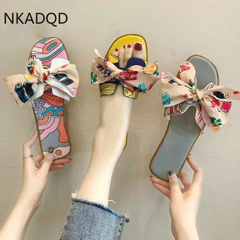 

Summer fashion slipper Cut Out Ladies Slipper beach Bohemia Sandal bowknot Flat Slipper Candy Color Outdoor Holiday Slides