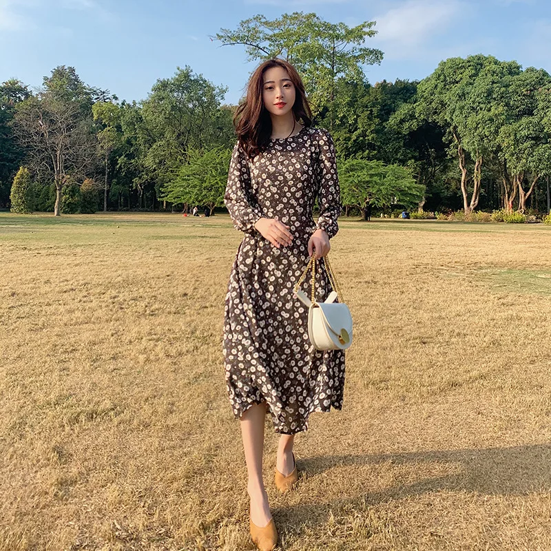 

2020 Spring New Style Korean-style Elegant High-waisted Skirt Lace-up Mid-length Floral Dress Spring WOMEN'S Dress Spring