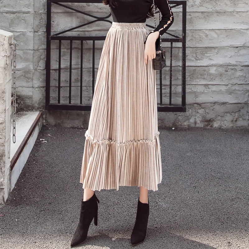 Зимняя женская плиссированная юбка трапециевидной формы, винтажная Повседневная однотонная женская юбка средней длины с высокой талией, Корейская женская офисная юбка в стиле ампир