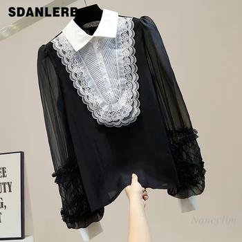 

Autumn Long Sleeve Blouse Woman Retro Court Style Lantern Sleeve Lace Zipper Shirt Women's Fashion All-match Elegant Blusas Top
