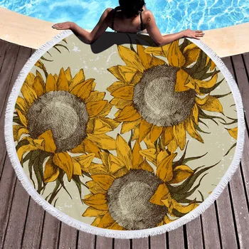 

Sunflower Beach Towels Printed Women's Shawl with Fringe Microfiber Round Fabric Bath Towels For Living Room Home Decorative