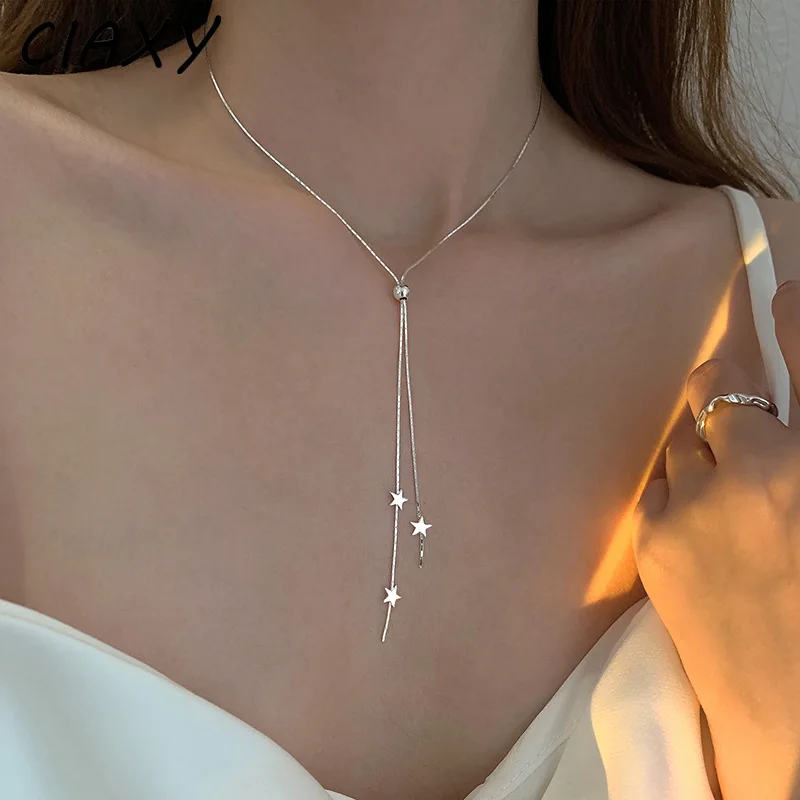 CIAXY 925 Sterling Silver Star Necklaces for Women Long Tassel Pull Design Clavicle Chains Choker Fashion Jewelry Collares | Украшения и