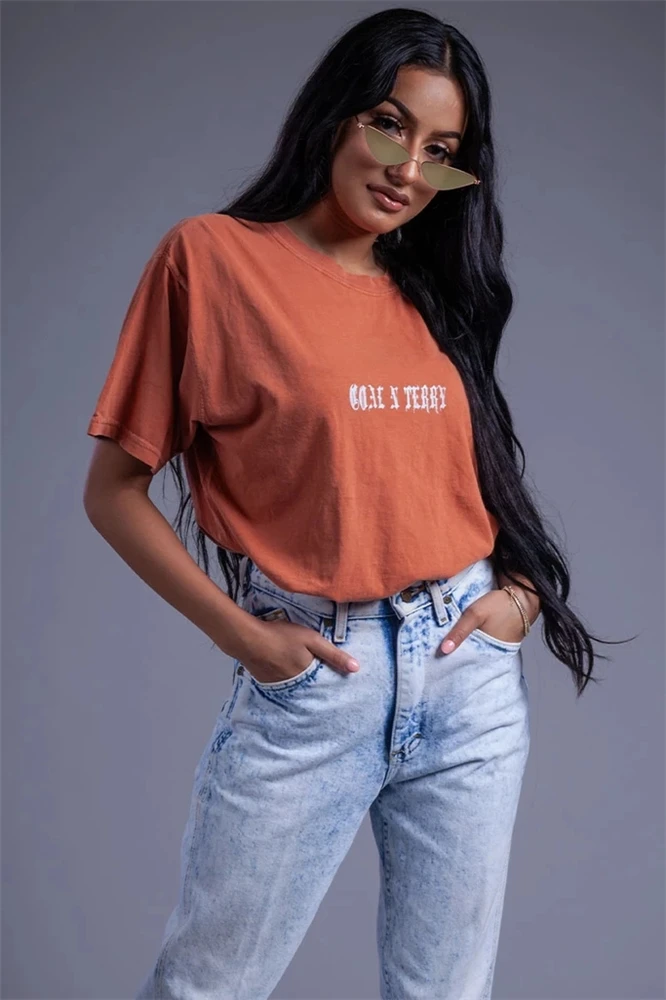 XLLAIS летняя новая длинная футболка женские оранжевые футболки женские повседневные свободные топы с круглым вырезом и короткими рукавами с буквенным принтом