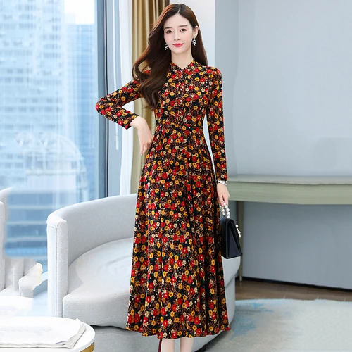 2021 Autumn New Arrival Hot Sale Stand Collar Flower Printed Long Sleeve Knitting Cotton A-LINE Mid-Calf Long Dress Red