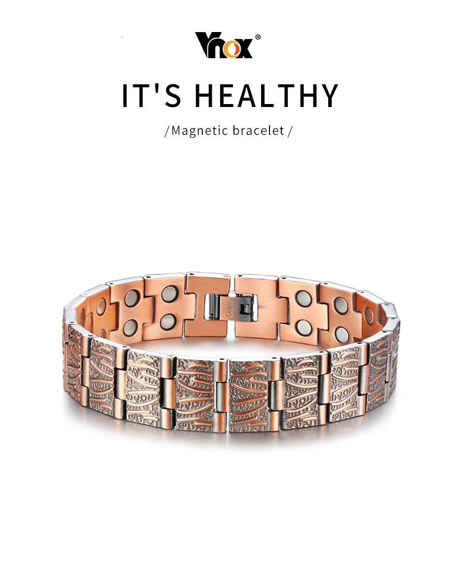 Vnox Stylish Double Row Magnets Red Copper Bracelets 15MM Healthy Magnetic Bio Energy Link Chain Pulsera Masculina 8.6"