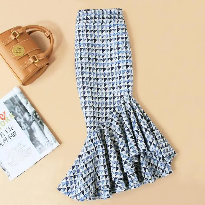 Юбки размера плюс 4XL! Женская осенне-зимняя юбка с завышенной талией в винтажном стиле в синюю клетку TB3767