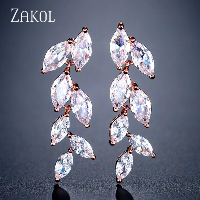 Rose Gold Color ZAKOL, модные серьги-капли с огранкой маркиза, Белый AAA Фианит, циркон, кристалл, серьги в виде листьев золотого цвета для женщин, свадебные ювелирные изделия FSEP512 - Окраска металла: Rose Gold Color