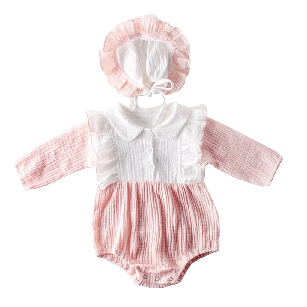 Милый, для новорожденных и малышей розовый комбинезон Одежда для новорожденных с цветочным проектом для маленьких девочек Костюмы с рюшами и оборками, Цвет шить принцесса ползунки+ шляпа, наряды# BL2
