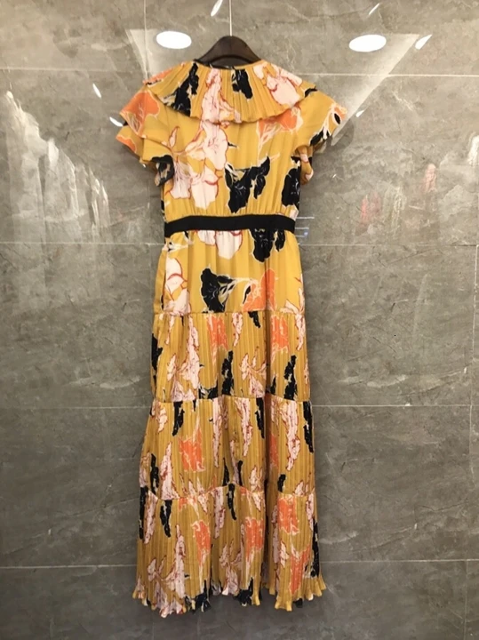 Early Autumn New Female Necktie Knotted Decorative Printed Pleated Long Dress 902
