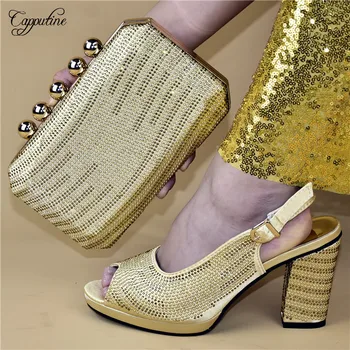 

Wholesale price gold party set matching high heel shoes with purse handbag set for lady 528-2 heel height 10cm