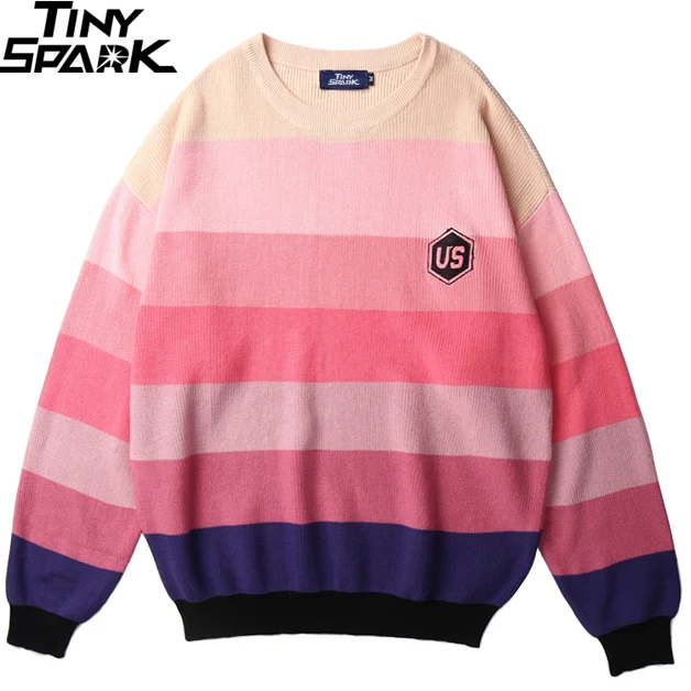 Men Hip Hop Knitted Sweater Striped Rainbow Color Block Streetwear Sweater Pullover Harajuku Embroidery Sweater Cotton
