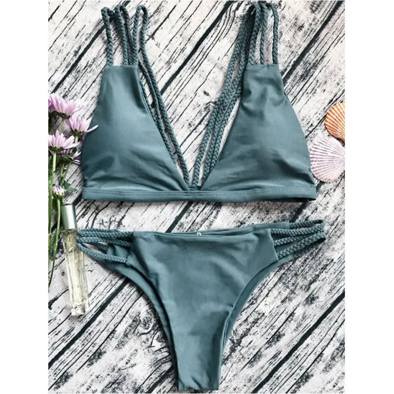 

Bikini 2020 New Arrival Swimwear Women Bikini Set Vintage Cross Bandage Beach Bathing Suit Top Low Waist Swimsuit Brazilian Suit