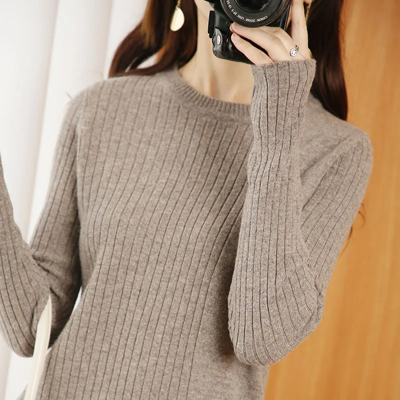 

Sparsil Women Winter O-Neck 100%Wool Sweater Knitted Pulloves Slim Solid Color Wool Striped Elegant Soft Tops Base Shirt 16Color