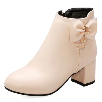 

NASBAVI new fashion PU contracted Europe and America zipper high heel Beautifully decorated with bow Solid color winter boot