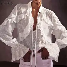 ZANZEA, модная женская блузка с оборками, осенняя, с глубоким v-образным вырезом, с расклешенными рукавами, рубашки, сексуальные, кружевные, вязанные, блузы, повседневная, сетчатая туника, топы, 7