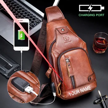 

Free Engraving Your Name Leather Men's Messenger Bag Men's Shoulder Bag Male Lapel Bag Fashion Travel Bag Men's USB Chest Bag