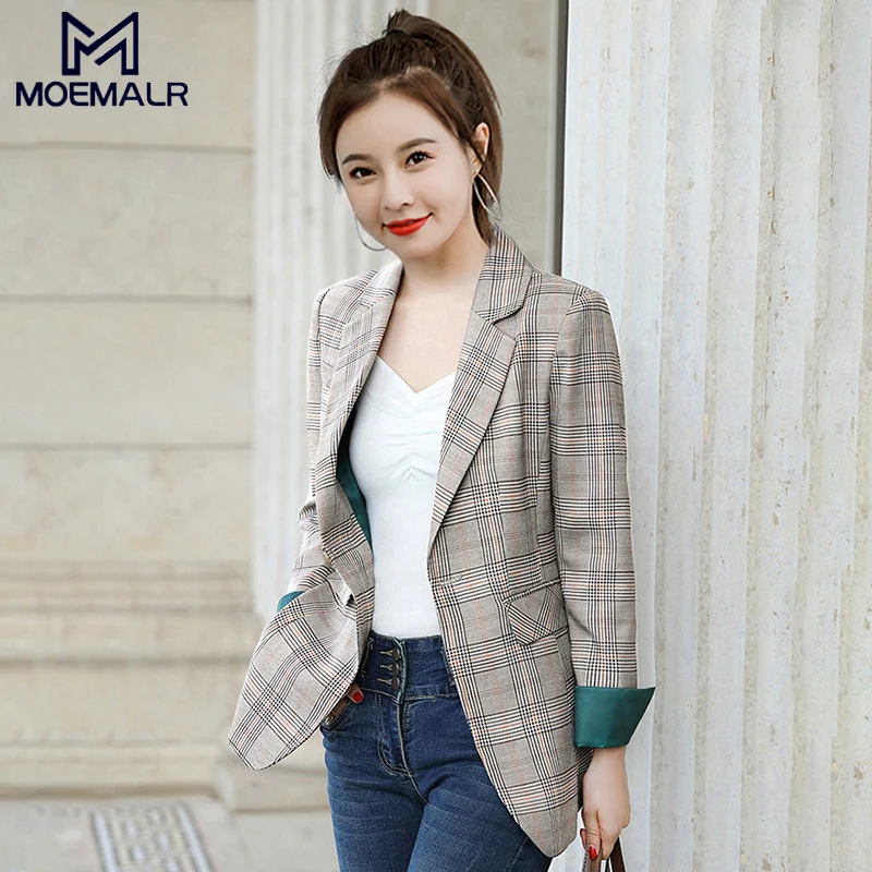 Korean Gray Plaid Ladies Blazer Vintage Loose Casual Stylish Suit Jacket Abrigos Office Spring Women Blazer Plus Size MM60NXZ